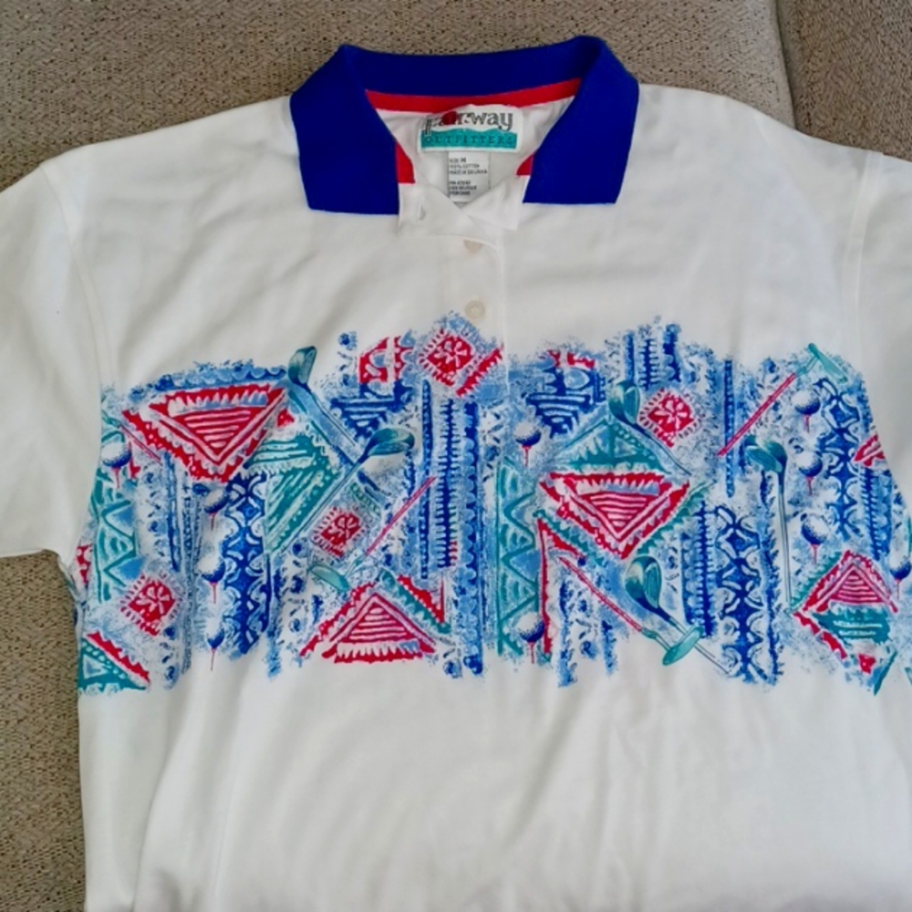 Fairway Outfitters Ladies Golf Shirt with golf clubs and ball pattern.